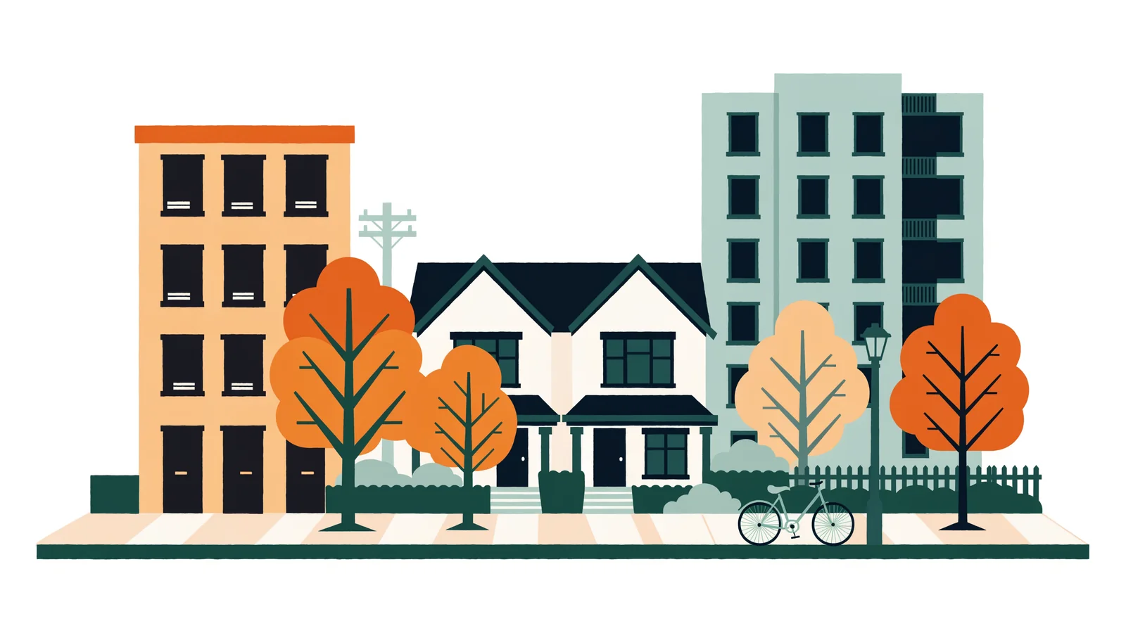 A residential street with a brick walk-up, a pair of semi-detached houses and a newer condo building, with maple trees in fall colours.
