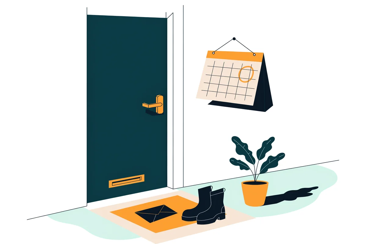 An apartment door with an envelope on the doormat and a wall calendar with one day circled.