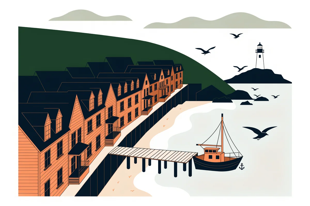 Wooden row houses on a Halifax street running down to a wharf, with a fishing boat and a lighthouse.